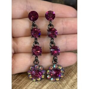 Fuchsia Pink Crystal‎ Dangle Earrings Gunmetal Tone Floral 2" Vintage